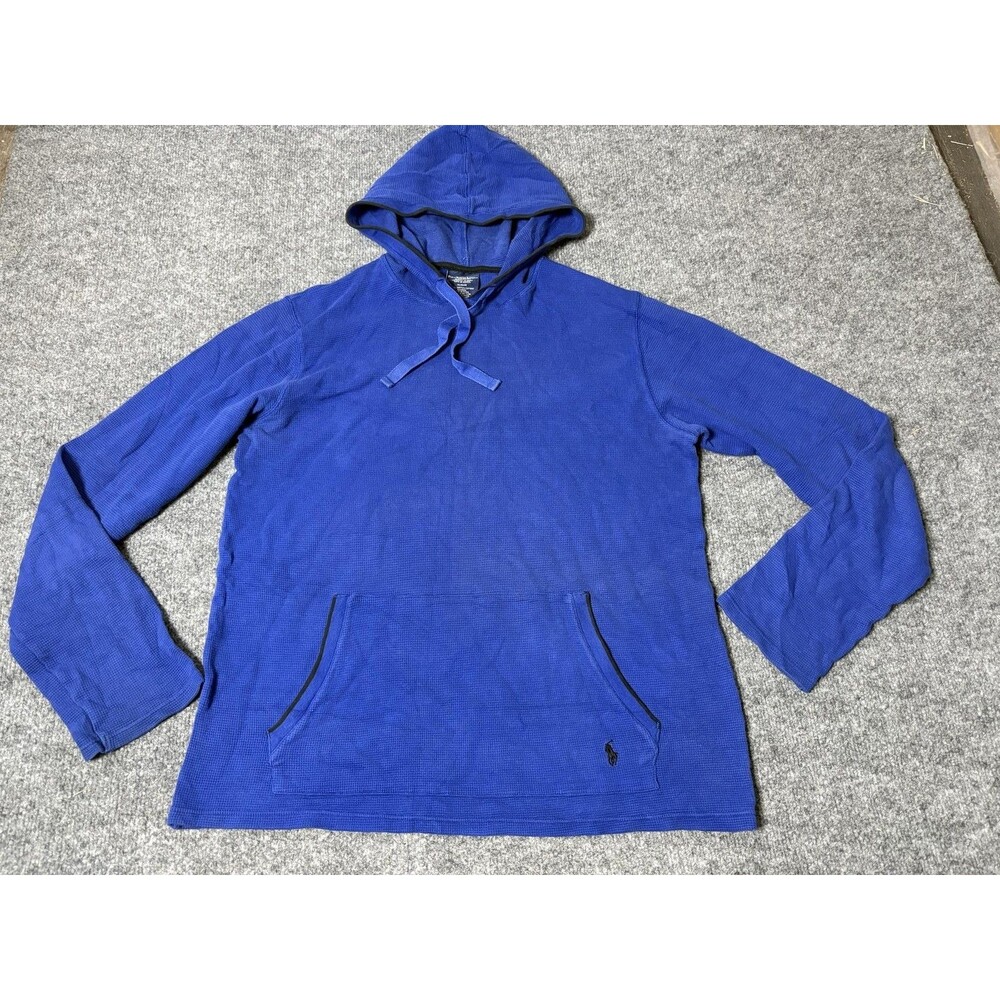 Polo Ralph Lauren Pajama Top Mens M Blue Hooded V-Neck Thermal Sleepwear Cotton